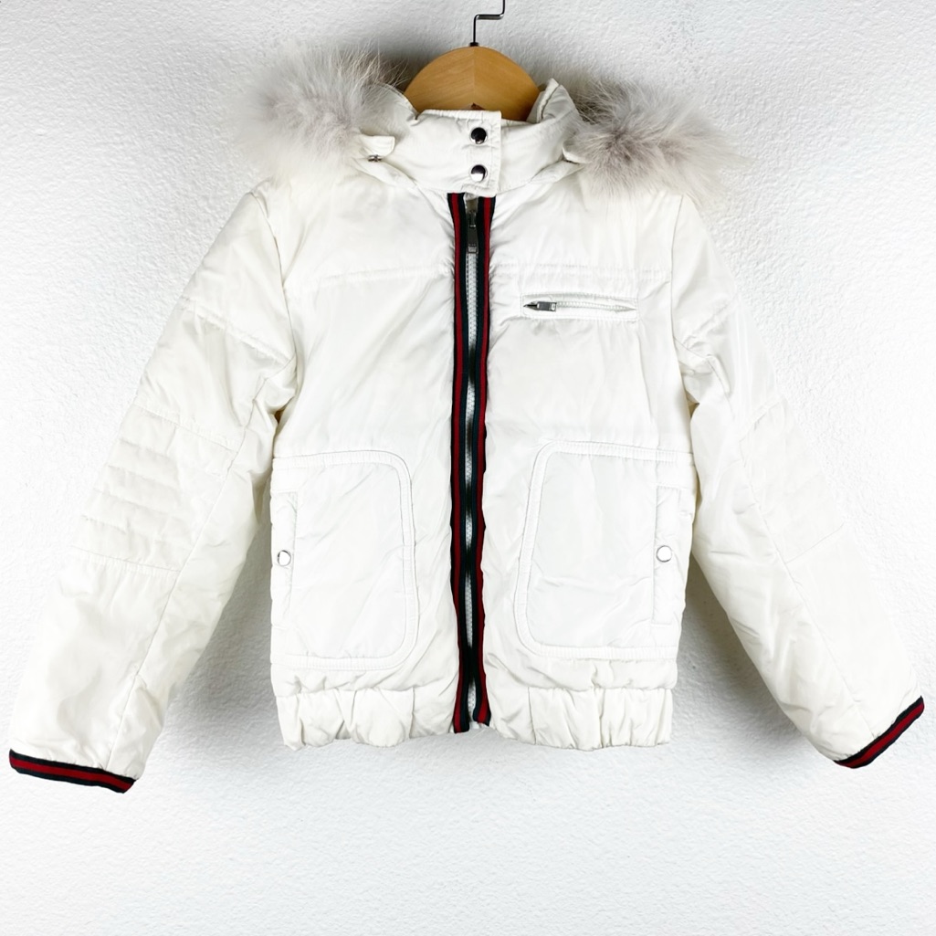 Gucci Kids White Down Puffer Winter Jacket With Removable Fox Fur Hood Size 6